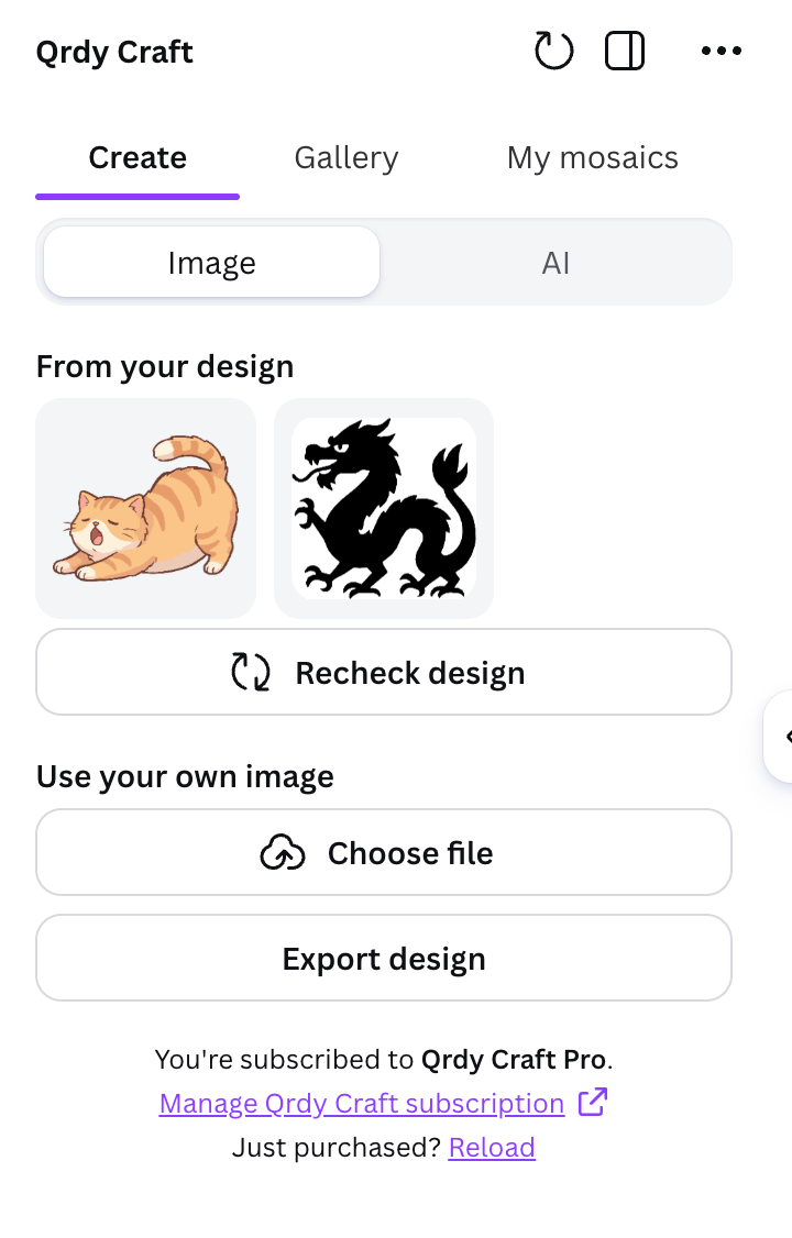 QrdyCraft Canva app Create tab with image/AI toggle and design sources