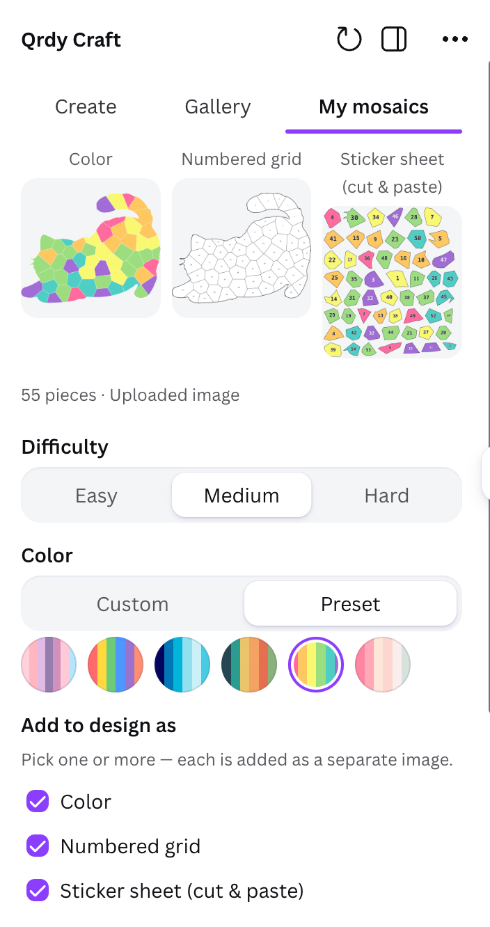QrdyCraft Canva output modes: color, numbered grid, sticker sheet, with difficulty and palette