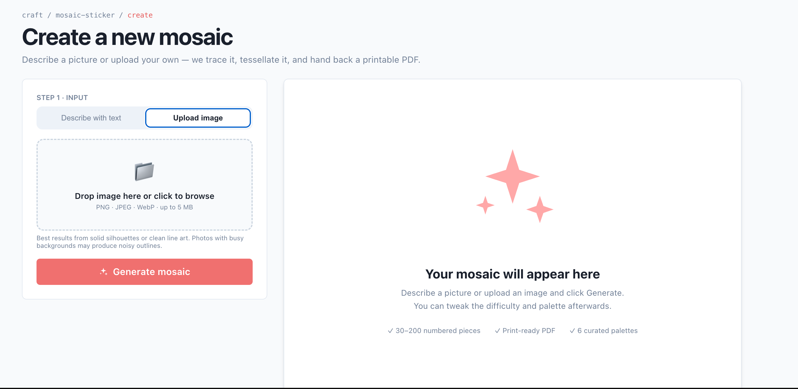 QrdyCraft create page with Describe with text and Upload image tabs and a Generate button