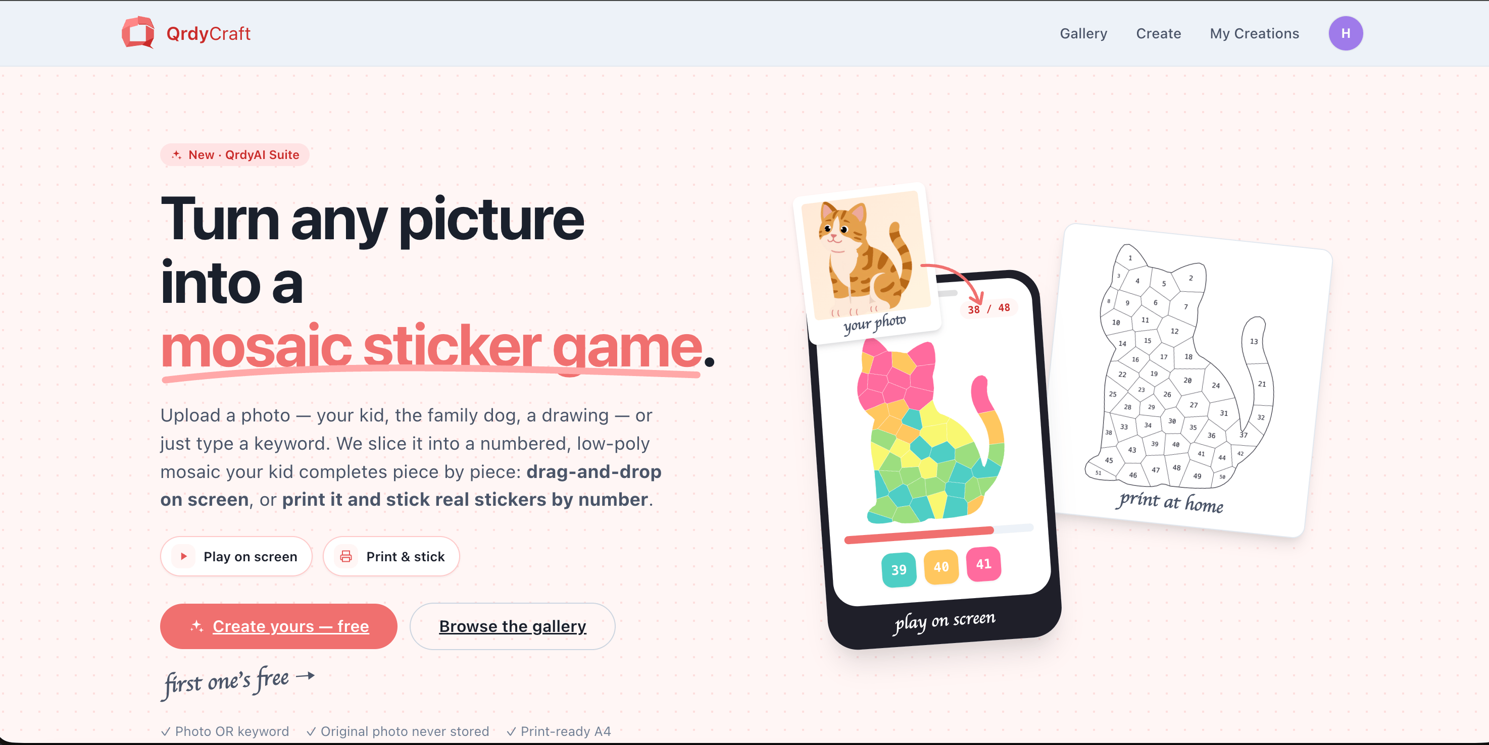 QrdyCraft homepage: a photo turned into a mosaic sticker game to play on screen or print at home