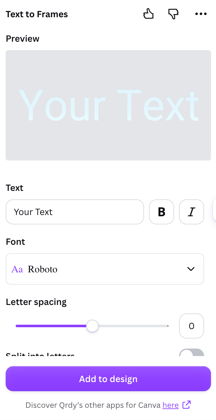 Text to Frames main panel with text input, font picker, and letter spacing