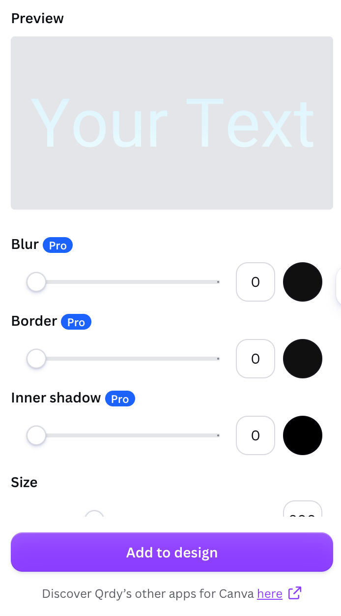 Text to Frames Pro effects: blur, border, and inner shadow sliders with color pickers
