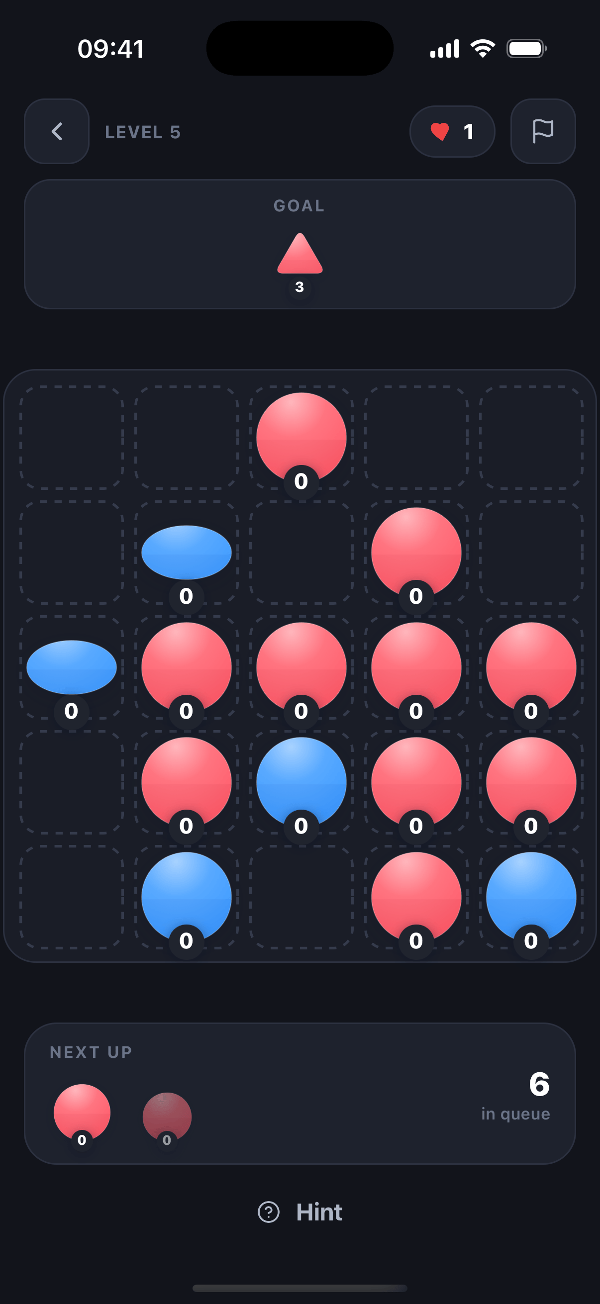 A Hepta level in play, showing the board grid, the target piece at the top, and colored pieces