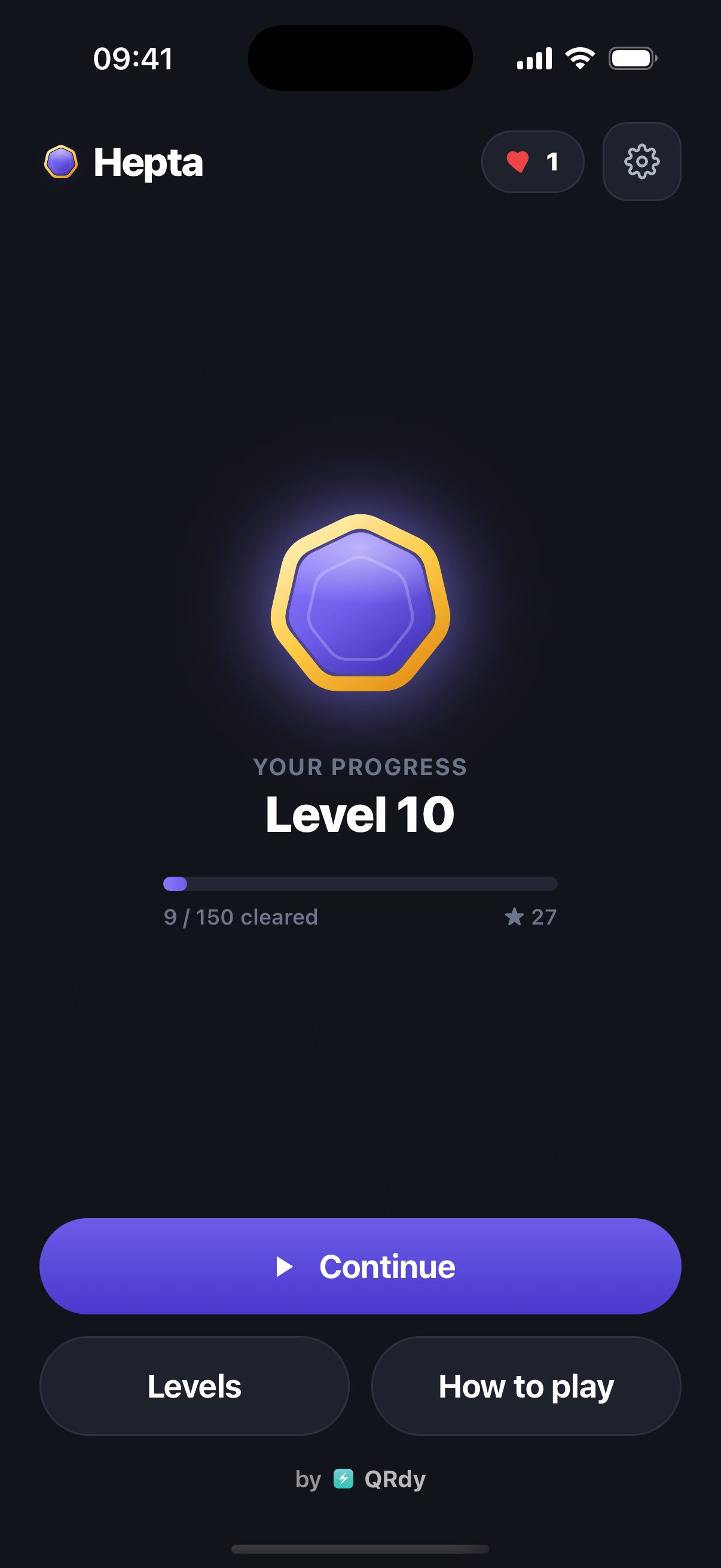 The Hepta home screen showing the current level, the play button, and the hearts badge