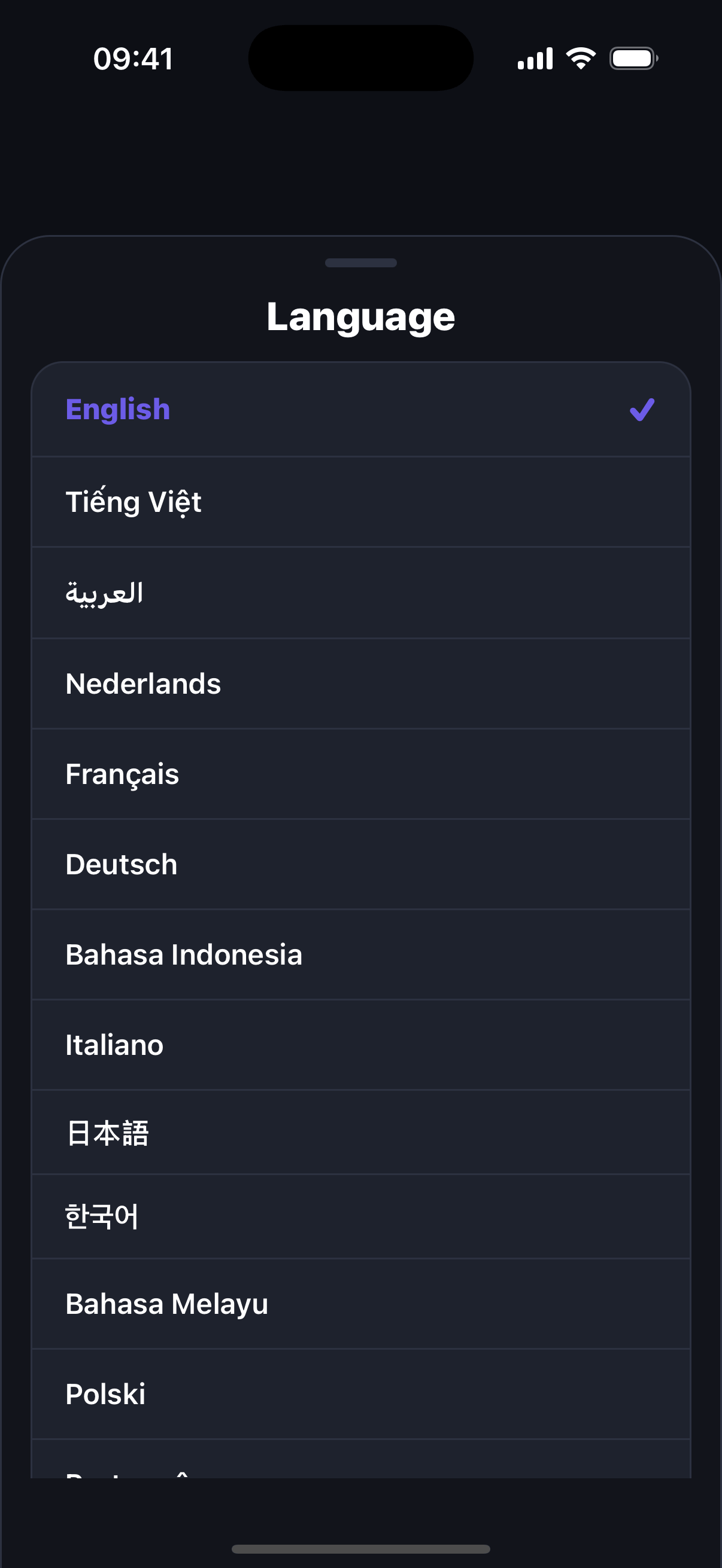 The Hepta language picker showing the 19 available languages