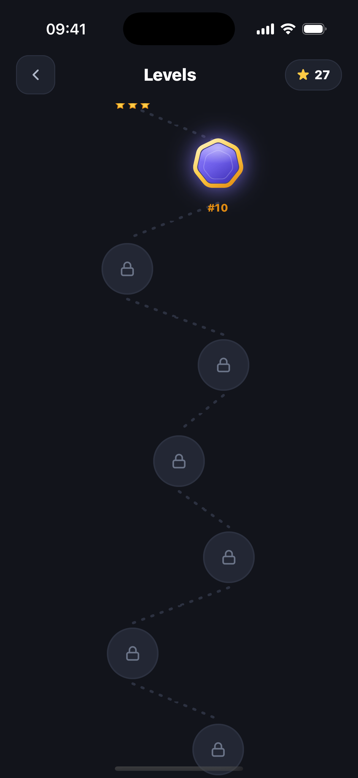 The Hepta level map showing 150 levels along a winding path with their states and earned stars