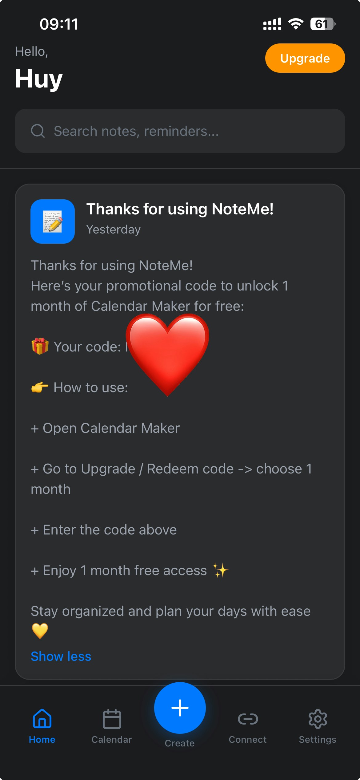 Calendar Maker promotional code notification in NoteMe app