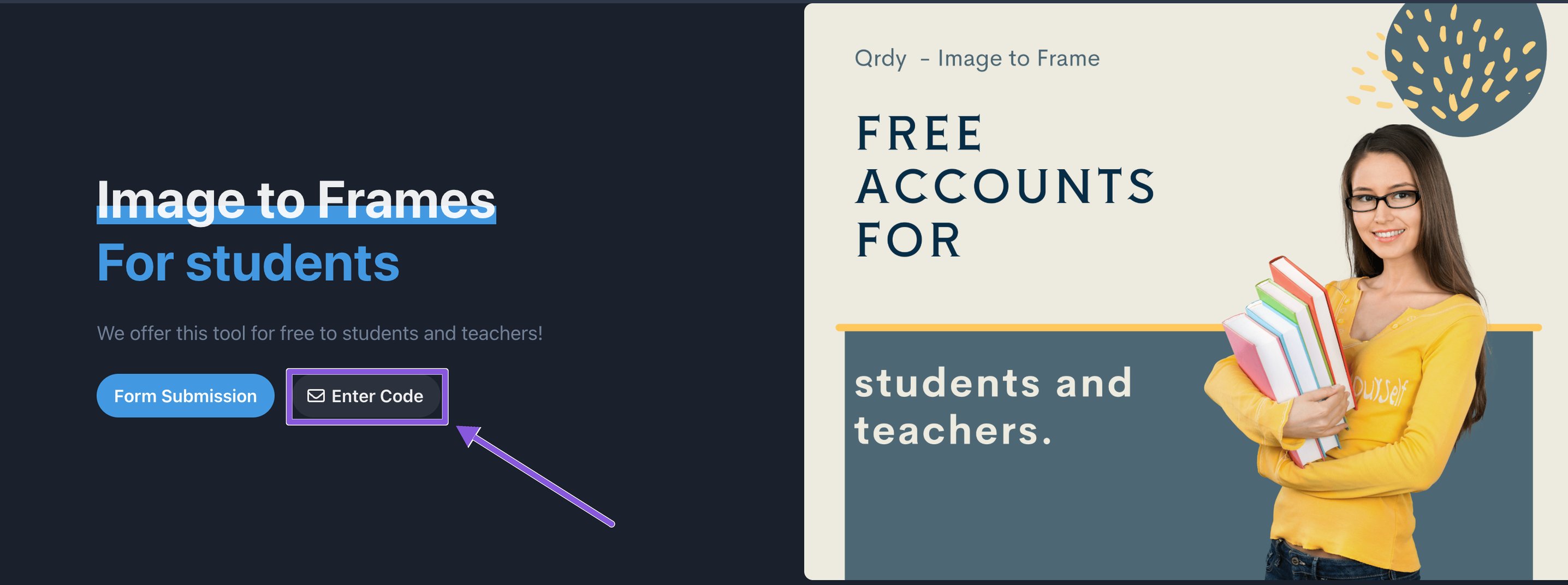 Image to Frames for students page with Form Submission and Enter Code buttons