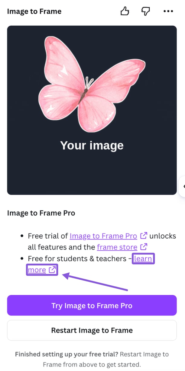 Image to Frames app panel in Canva showing the Free for students & teachers link