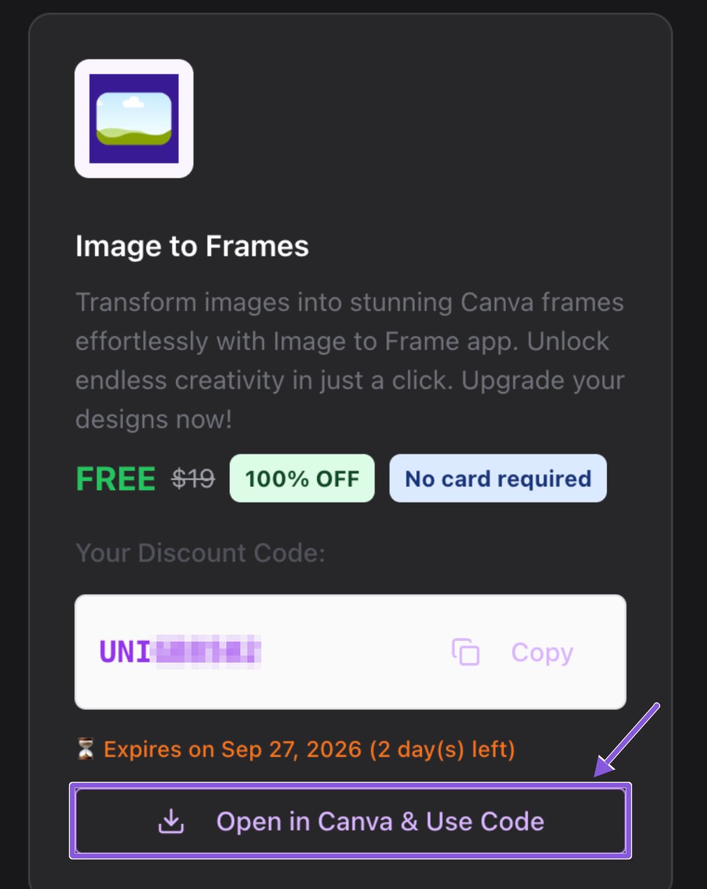 Image to Frames student discount code card with the Open in Canva & Use Code button