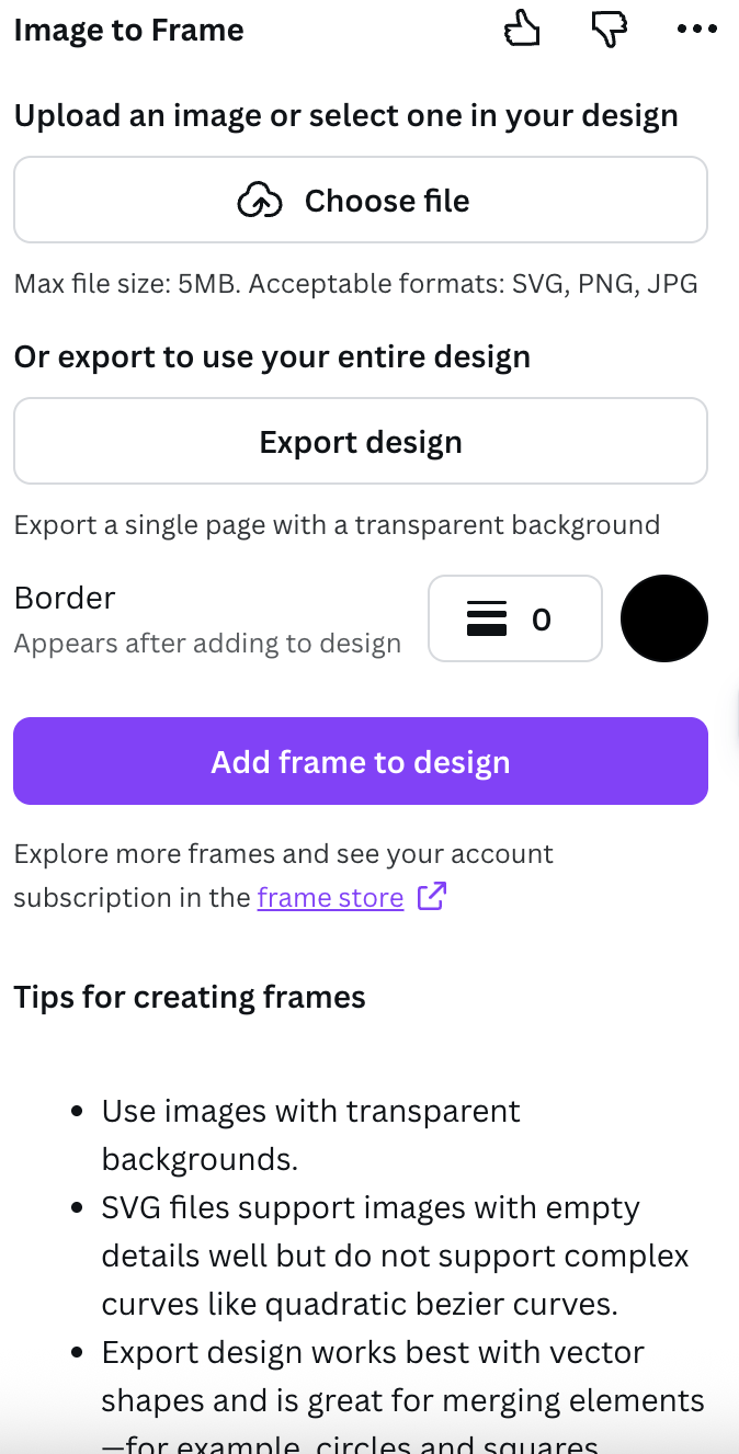 Step 1 showing Image to Frames upload interface with options to upload image or export design
