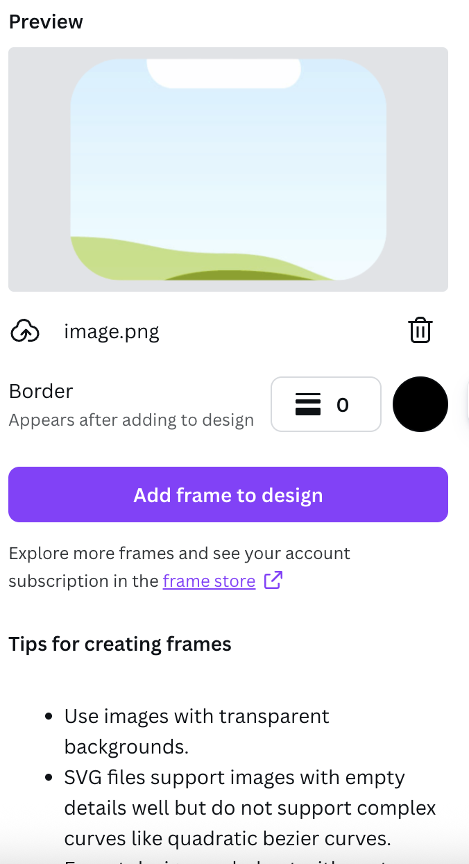 Step 2 showing preview of converted frame with options to add border and add frame to design