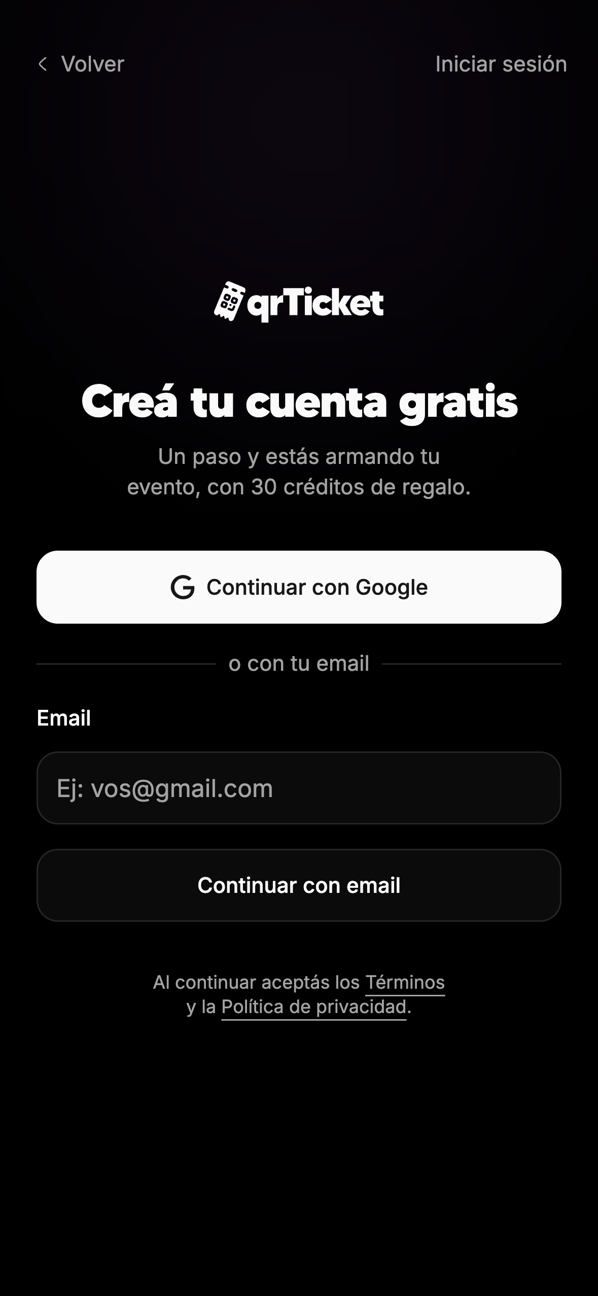Pantalla de registro de qrTicket con los botones Continuar con Google y Continuar con email