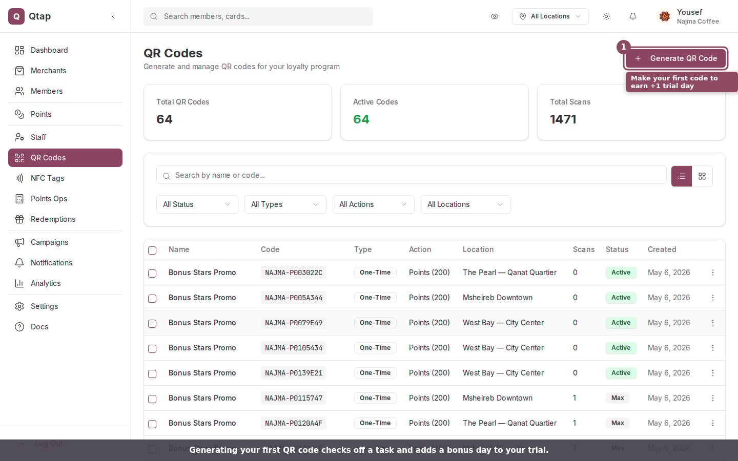 QR Codes page with the Generate QR Code button highlighted