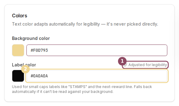 The Colors panel showing the Adjusted for legibility note after a low-contrast label colour was entered
