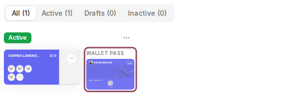A stamp card row showing the in-app card preview next to the Wallet pass preview