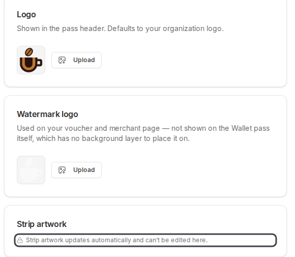 Logo, Watermark logo and Strip artwork panels with the locked strip caption