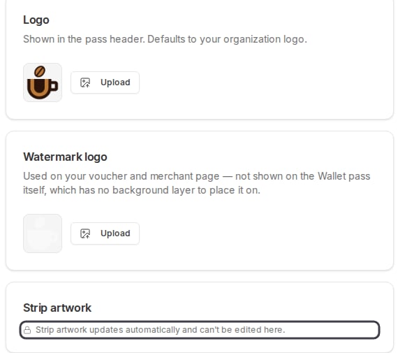 Logo, Watermark logo and Strip artwork panels with the locked strip caption