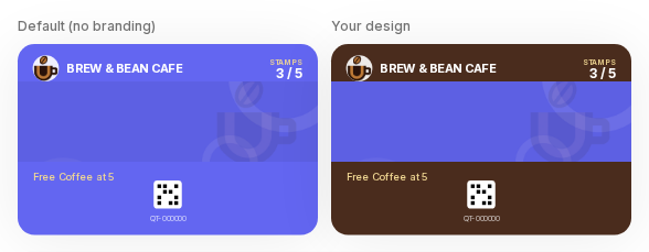 Default indigo Wallet pass beside a brown branded version of the same stamp card