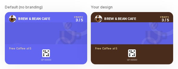 Default indigo Wallet pass beside a brown branded version of the same stamp card