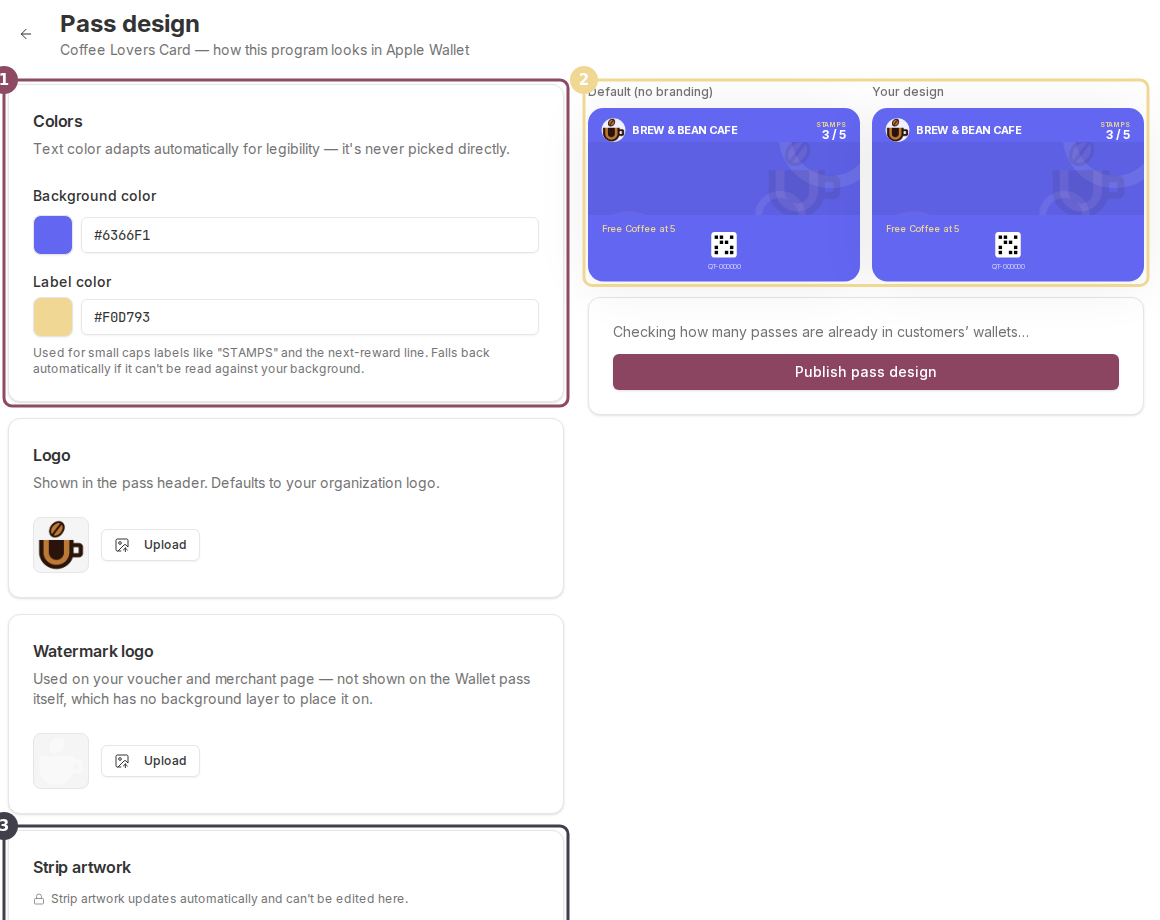 The pass design studio with Colors, Logo, Watermark logo and Strip artwork panels beside two pass previews