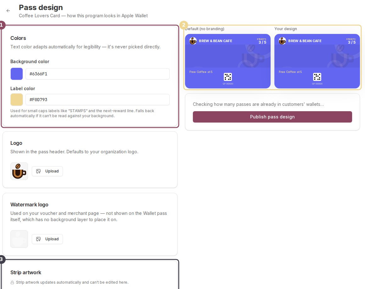 The pass design studio with Colors, Logo, Watermark logo and Strip artwork panels beside two pass previews