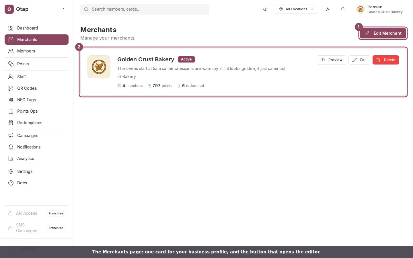 The Merchants page showing the Edit Merchant button and one business profile card