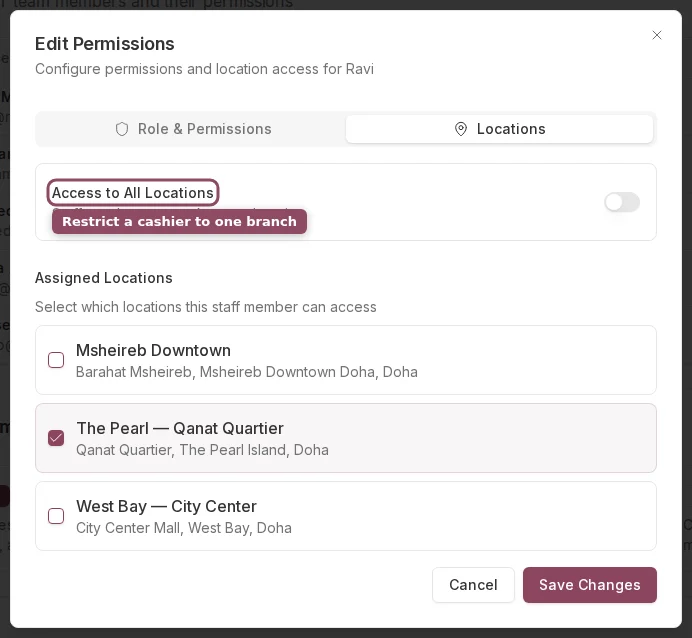 Locations tab of the Edit Permissions dialog with branch checkboxes