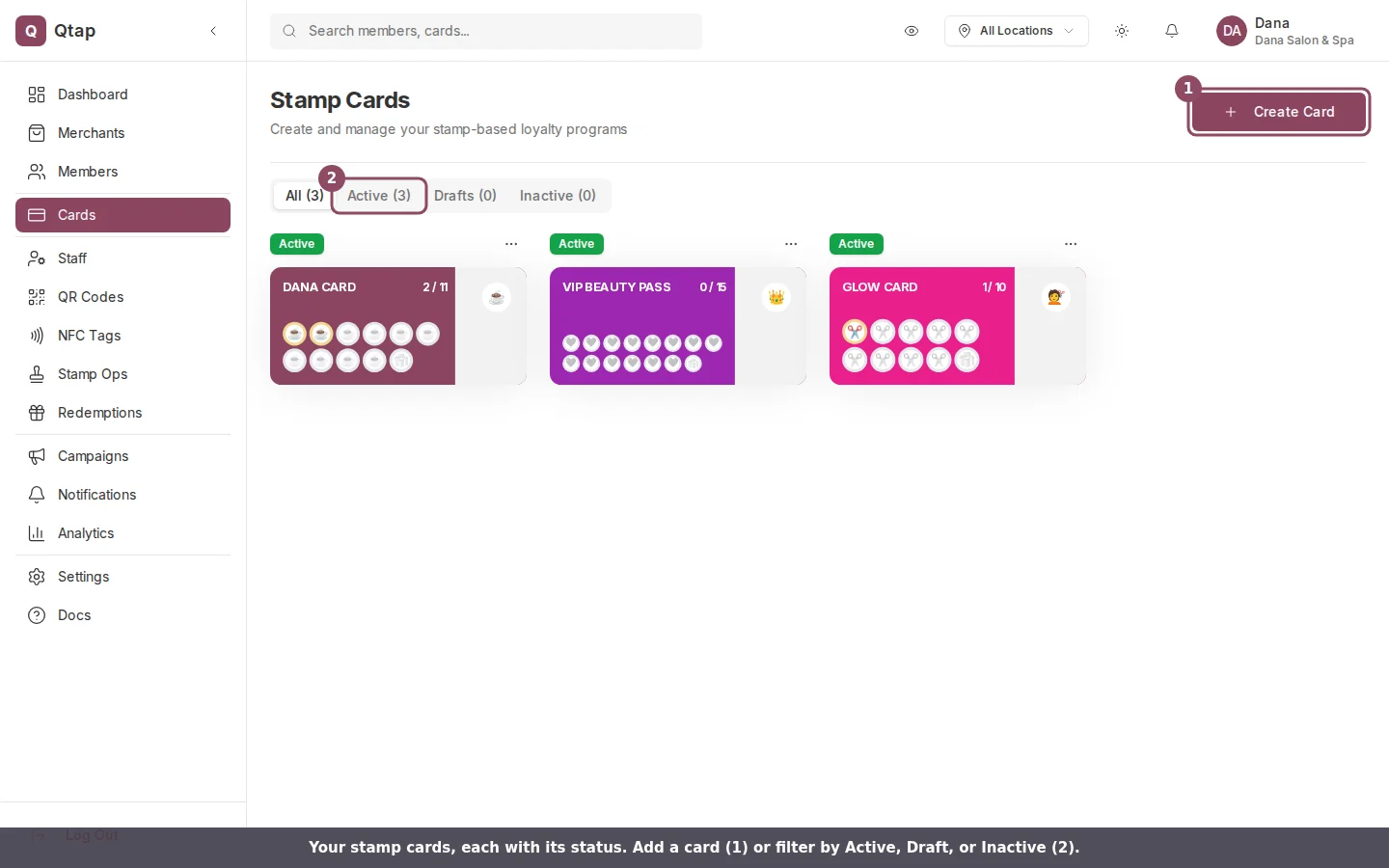 The Stamp Cards list showing three active cards with status badges and the Active, Draft, and Inactive filter tabs