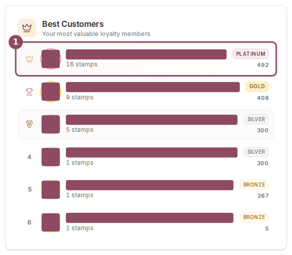 The Best Customers card ranking six members with tier badges and scores