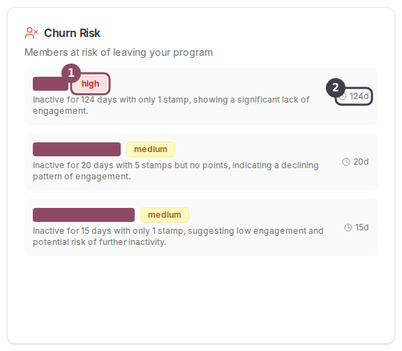 The Churn Risk card showing one high risk row and two medium risk rows with reasons and day counts