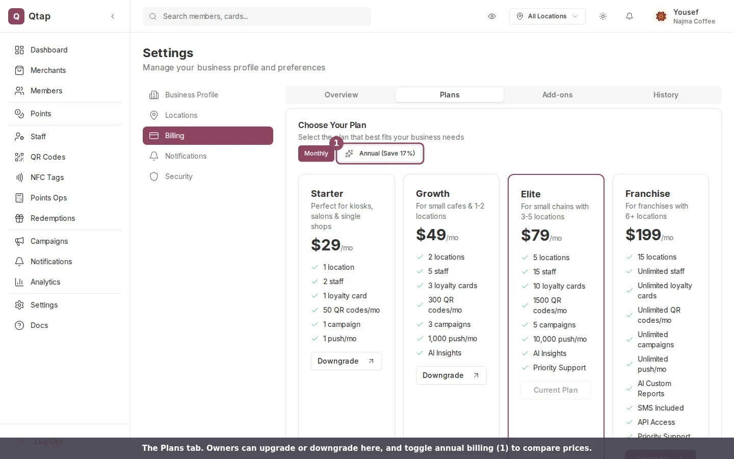 Plans tab showing all four plans with upgrade and downgrade buttons