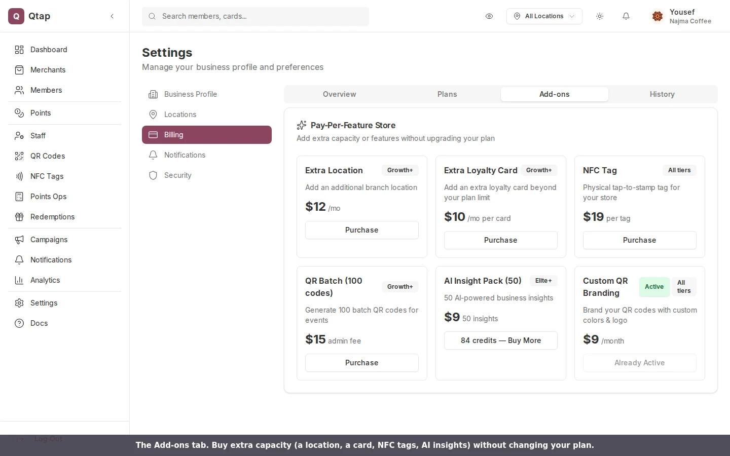 Pay-per-feature add-on store in Settings Billing