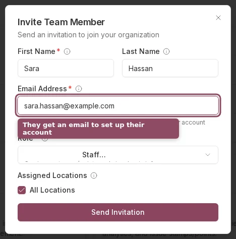 Invite Team Member form with name, email, role, and location fields