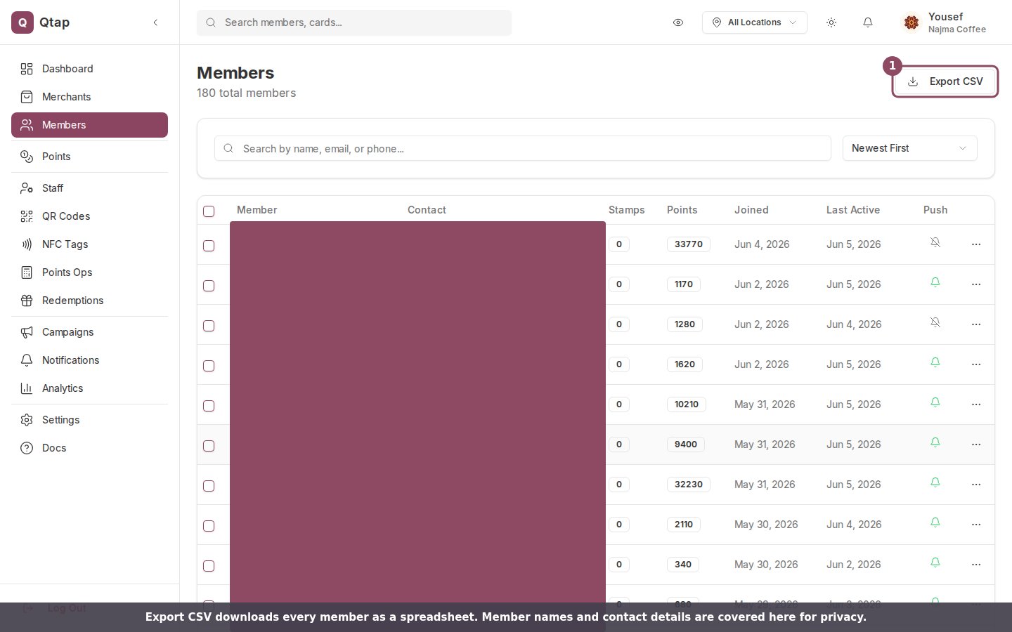Members page with the Export CSV button highlighted