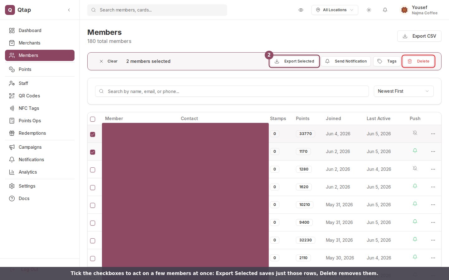 Two members selected, with the Export Selected and Delete buttons highlighted in the bulk toolbar