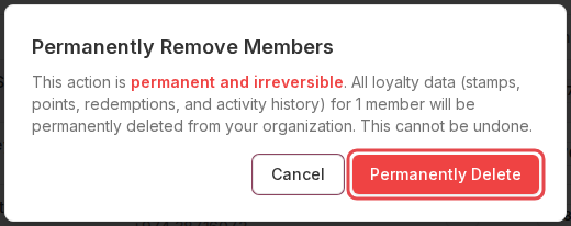 Permanently Remove Members dialog with a Cancel button and a red Permanently Delete button