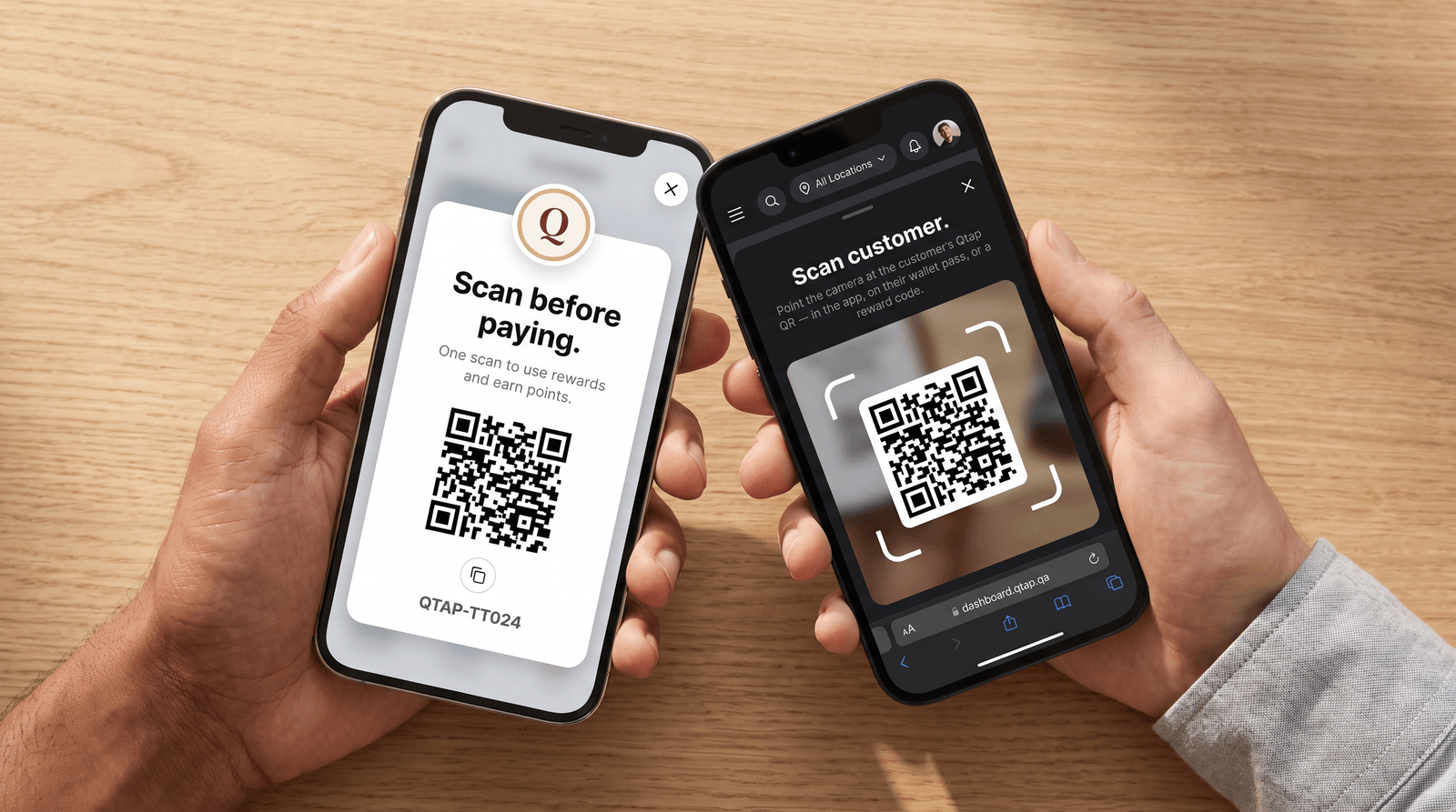 A member holding up their Qtap QR code on a phone while staff read it with the Scan customer camera on a second phone