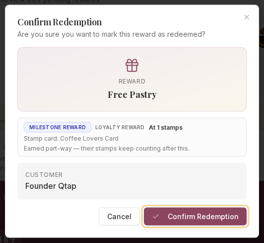 The Confirm Redemption dialog for a Free Pastry stamp card reward