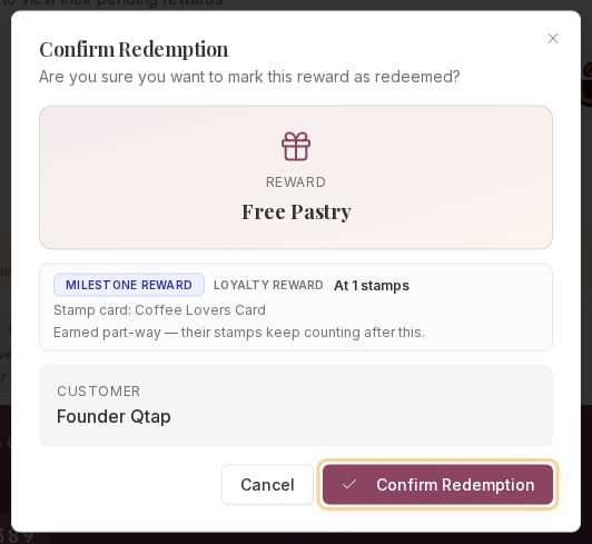 The Confirm Redemption dialog for a Free Pastry stamp card reward