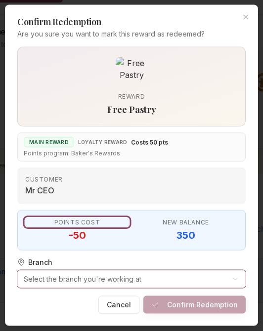 The Confirm Redemption dialog for a points reward showing a 50 point cost and a 350 point new balance