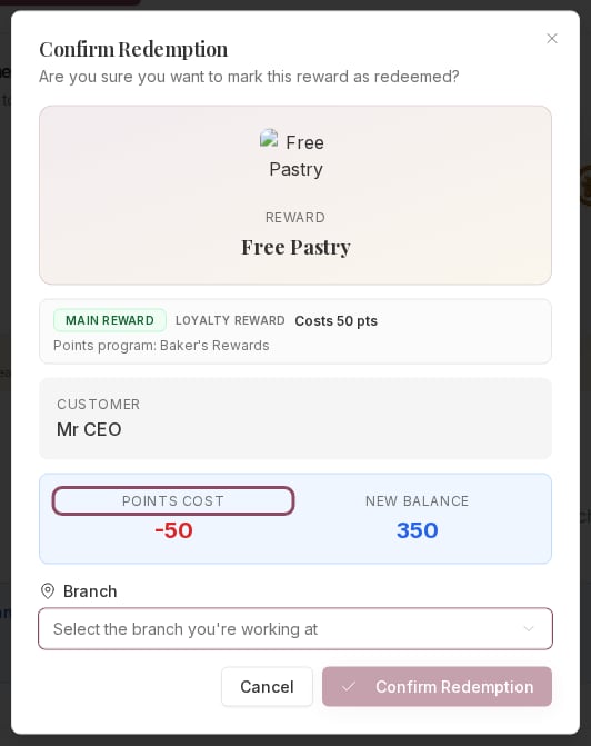 The Confirm Redemption dialog for a points reward showing a 50 point cost and a 350 point new balance
