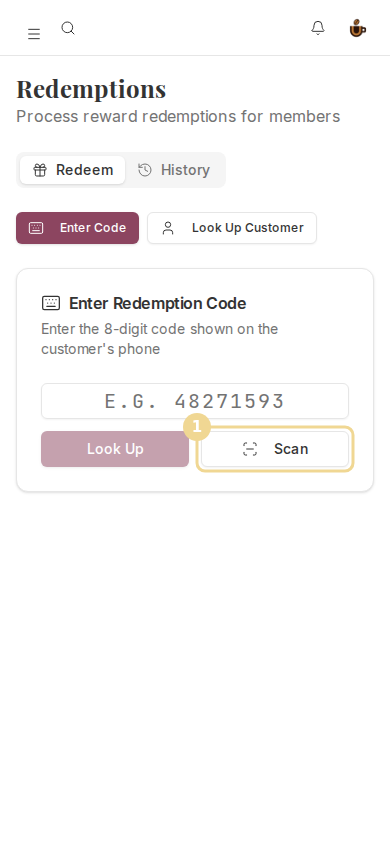 The Redemptions page on a phone with the Scan button marked
