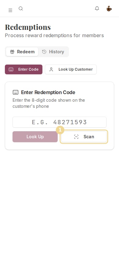 The Redemptions page on a phone with the Scan button marked