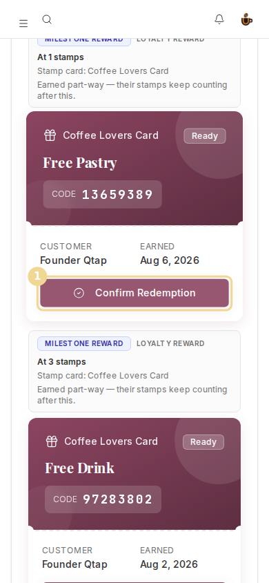 A scanned member's ready rewards on a phone with the Confirm Redemption button marked