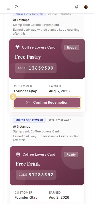 A scanned member's ready rewards on a phone with the Confirm Redemption button marked