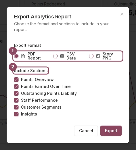 The export dialog with format options and a checklist of sections to include