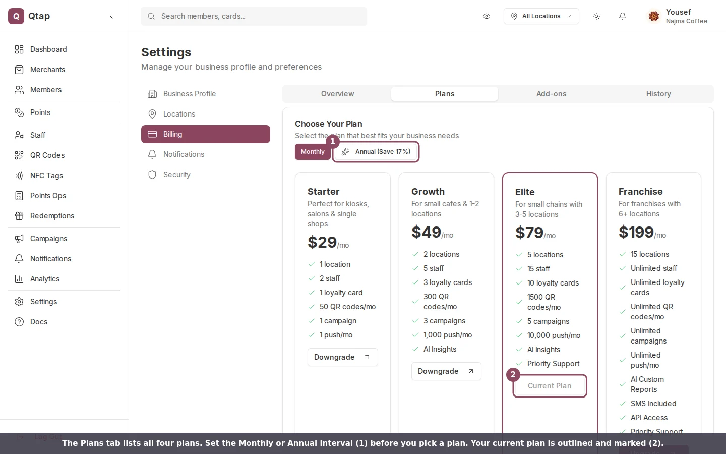 Plans tab showing the four Qtap plans with a monthly and annual billing toggle