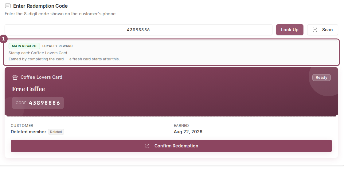 A redemption code lookup showing a Main reward strip above the Free Coffee voucher