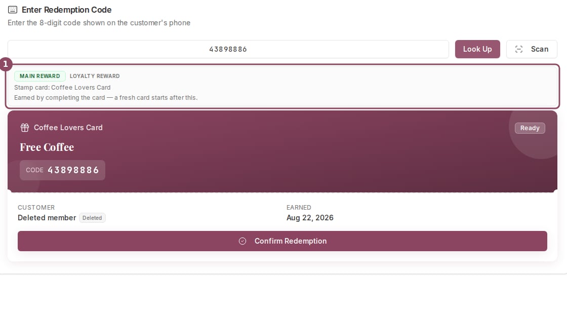 A redemption code lookup showing a Main reward strip above the Free Coffee voucher